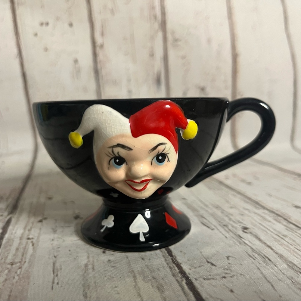 Vtg Kreiss & Co Joker Bridge Playing Card Black Teacup  Alice Wonderland